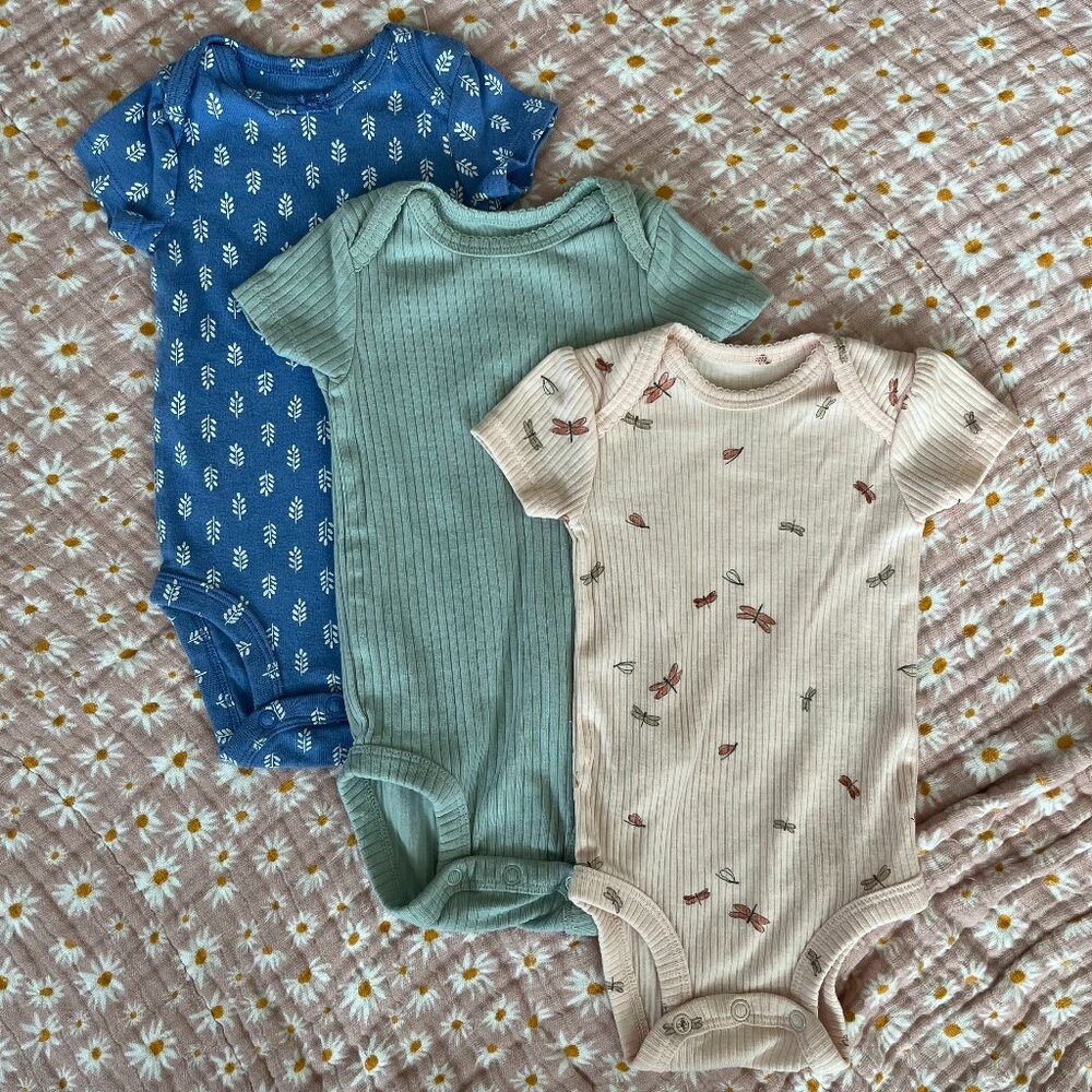 Carter's Baby Onesie Bodysuit Blue & Pink Leaves & Dragonflies 3 Pack - 3 months